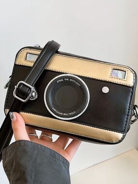 Kohl's Black Faux Leather Camera Crossbody with Gold Accents